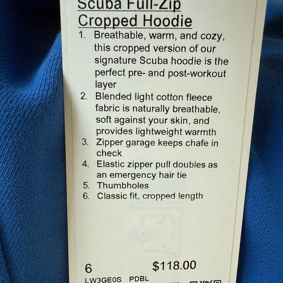 Lululemon NWT Scuba Full Zip Cropped Hoodie, Size 6 ,Pipe Dream Blue - Picture 4 of 4